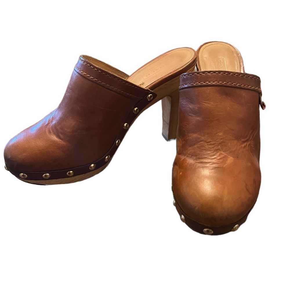 Leather Studded Brown Clog Heels - Picture 6 of 10